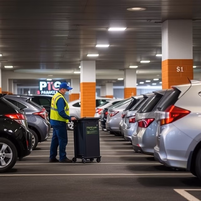 worker picking up debris in parking lot with trash can